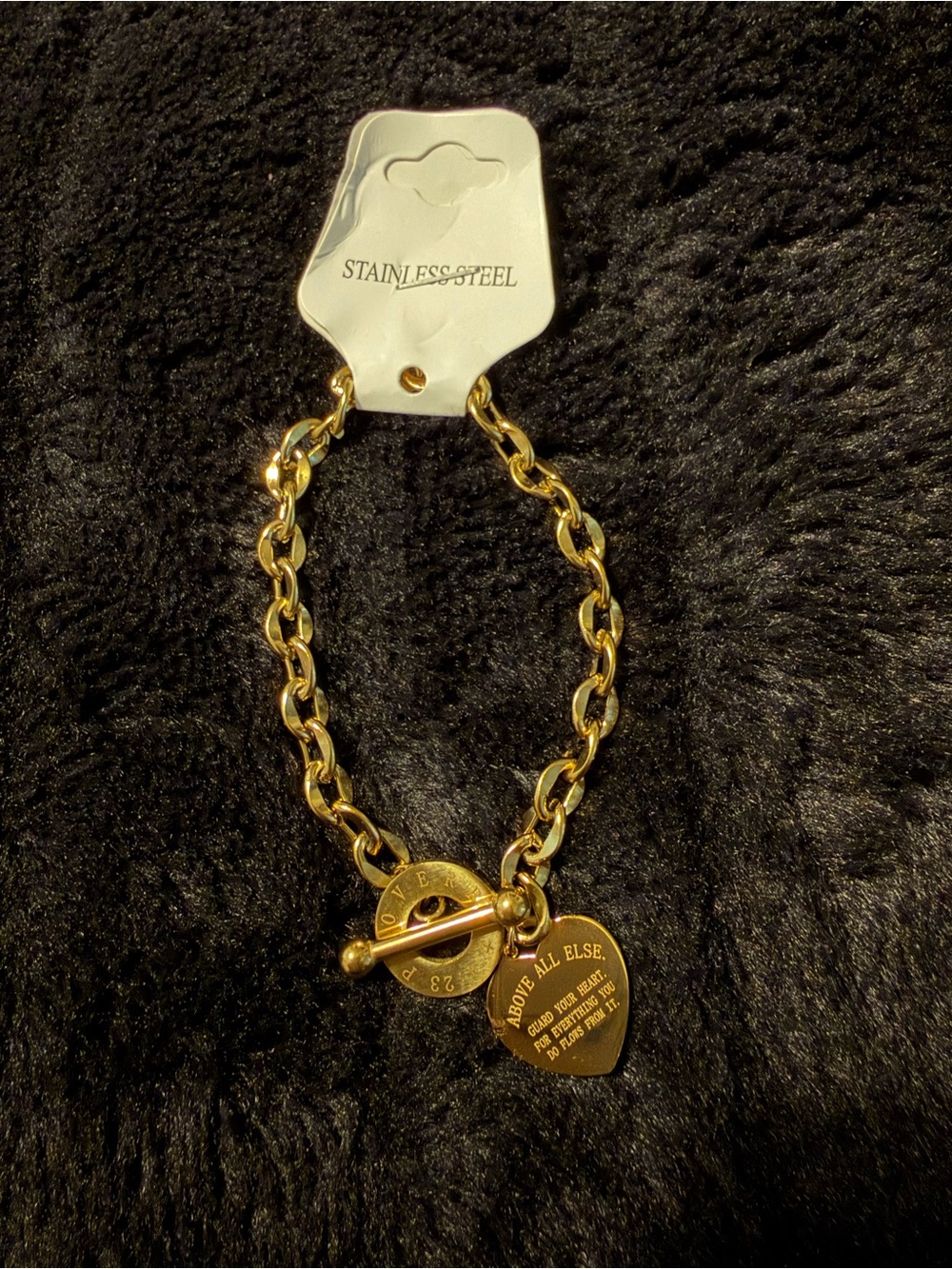 Gold Tone Heart Charm Toggle Bracelet - Stainless Steel